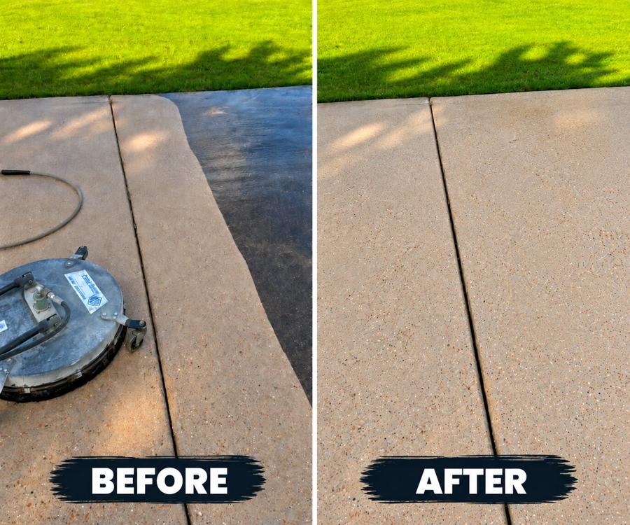 Concrete driveway before and after cleaning: dirt-darkened surface with a pressure washer surface cleaner on the left, evenly cleaned concrete on the right