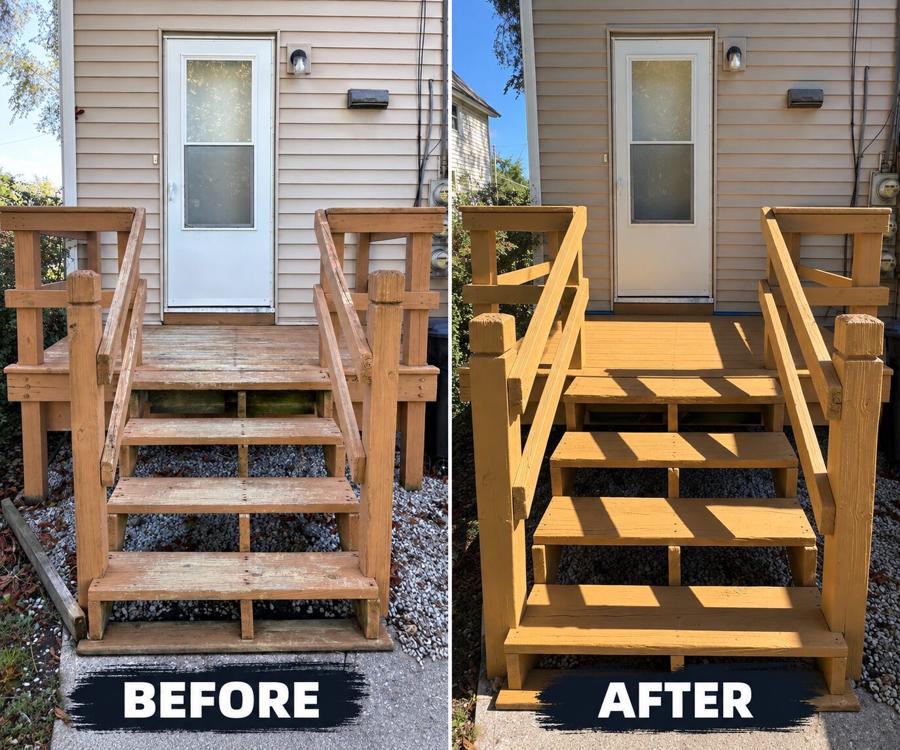 Wooden deck stairs and railings before and after staining: dry, weathered grey boards on the left, warm honey-toned stained wood on the right