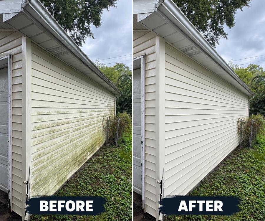 Side of a house before and after a soft wash: green algae staining on cream vinyl siding on the left, clean siding on the right